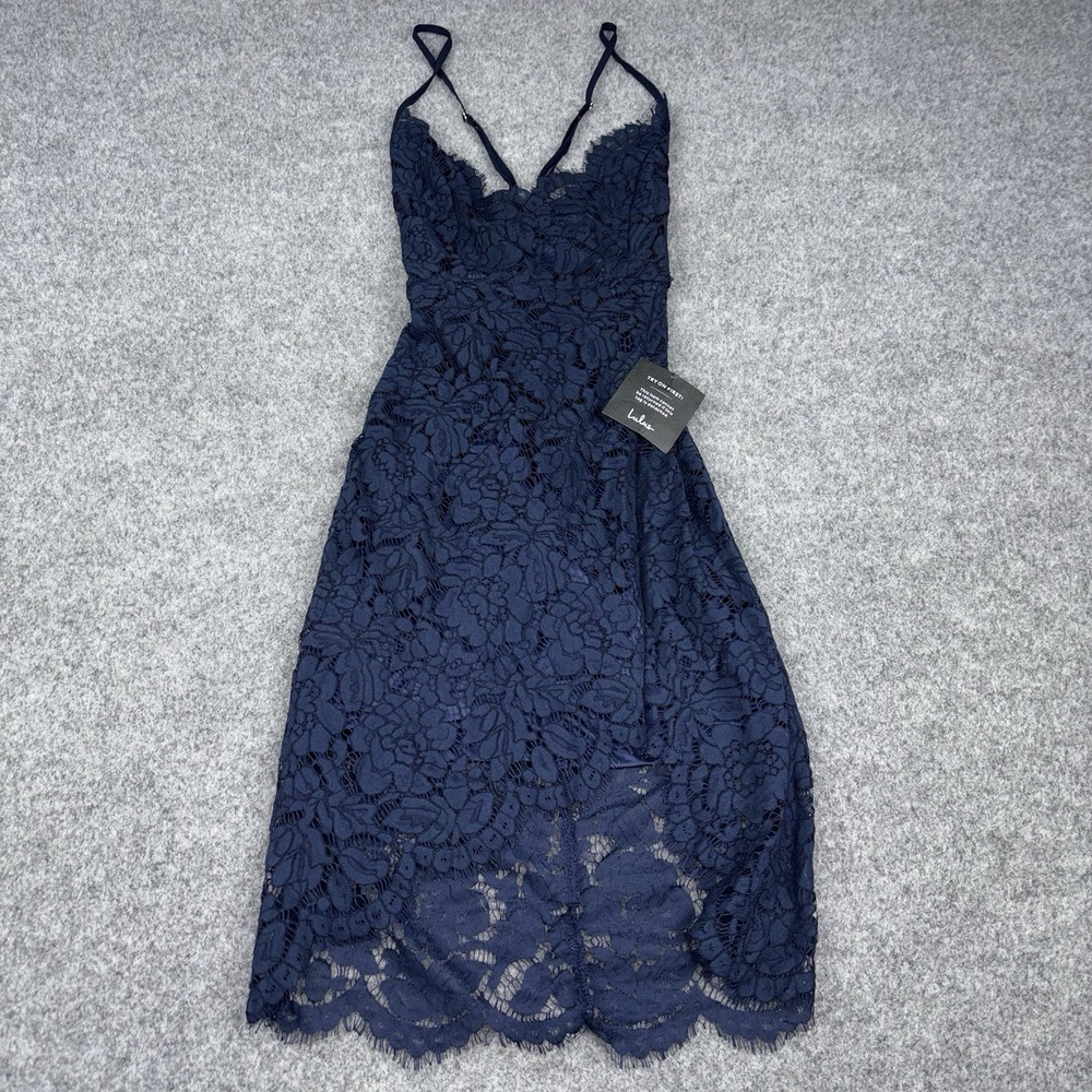 Lulus Dress Womens Small Navy Blue Floral Lace Midi Bodycon Cocktail NWT Sheath